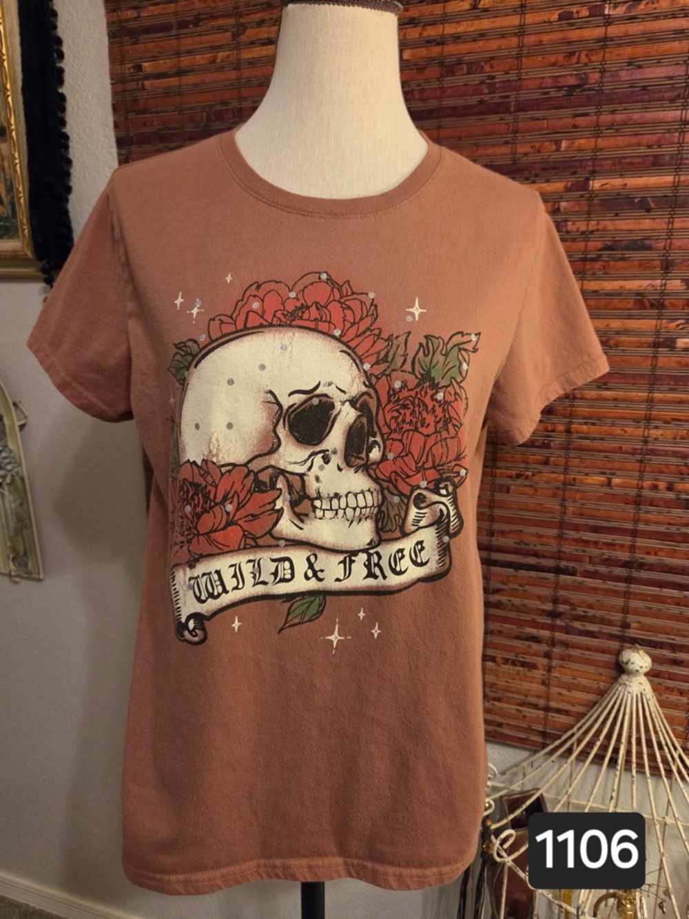 Wound Up Brown Graphic Tee with Skull & Red Floral Print